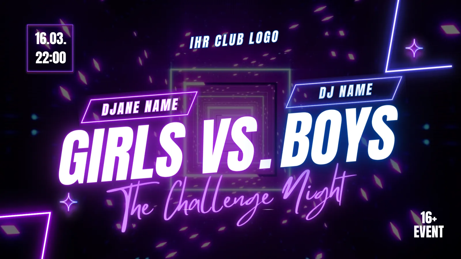 Neon-Flyer mit dem Schriftzug Girls vs. Boys und dem Untertitel The Challenge Night.