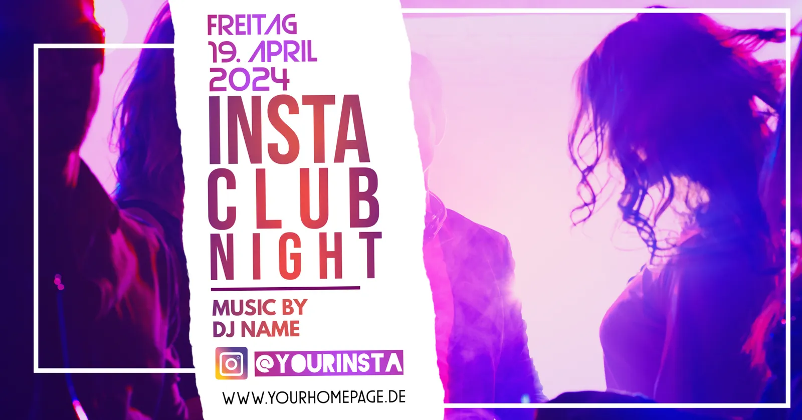 Flyer-Vorlage Insta Club Night, Freitag 19. April 2024, Music by DJ Name, in Pink und Violett.