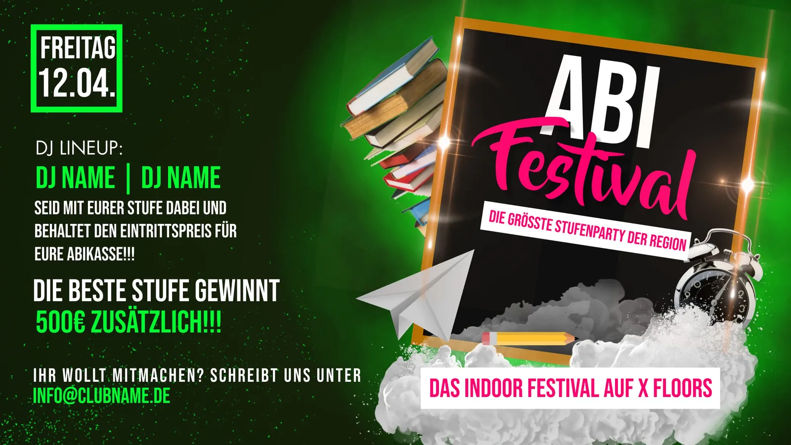Flyer-Vorlage ABI Festival in Grün mit Schultafel, Bücherstapel, Wecker und Papierflieger.