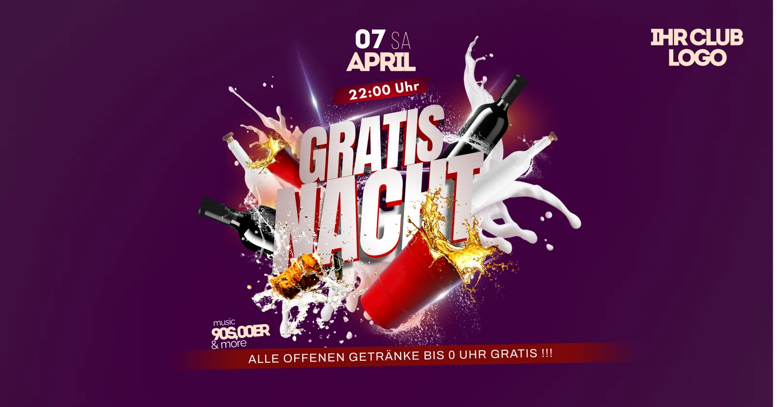 Flyer-Vorlage Gratis Nacht mit fliegenden Flaschen, Becher und Spritzern auf violettem Grund.