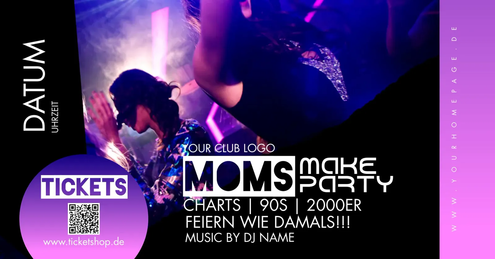 Flyer-Vorlage Moms make Party mit tanzender Frau in Paillettenjacke, Charts, 90s und 2000er.