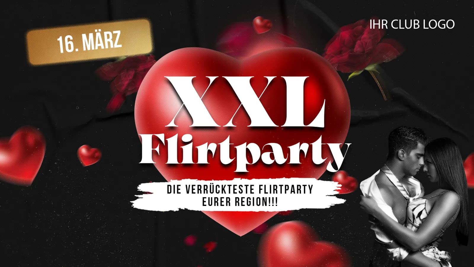 Flyer-Vorlage XXL Flirtparty mit rotem Herz, Rosen und einem umschlungenen Paar in Schwarz-Weiß.