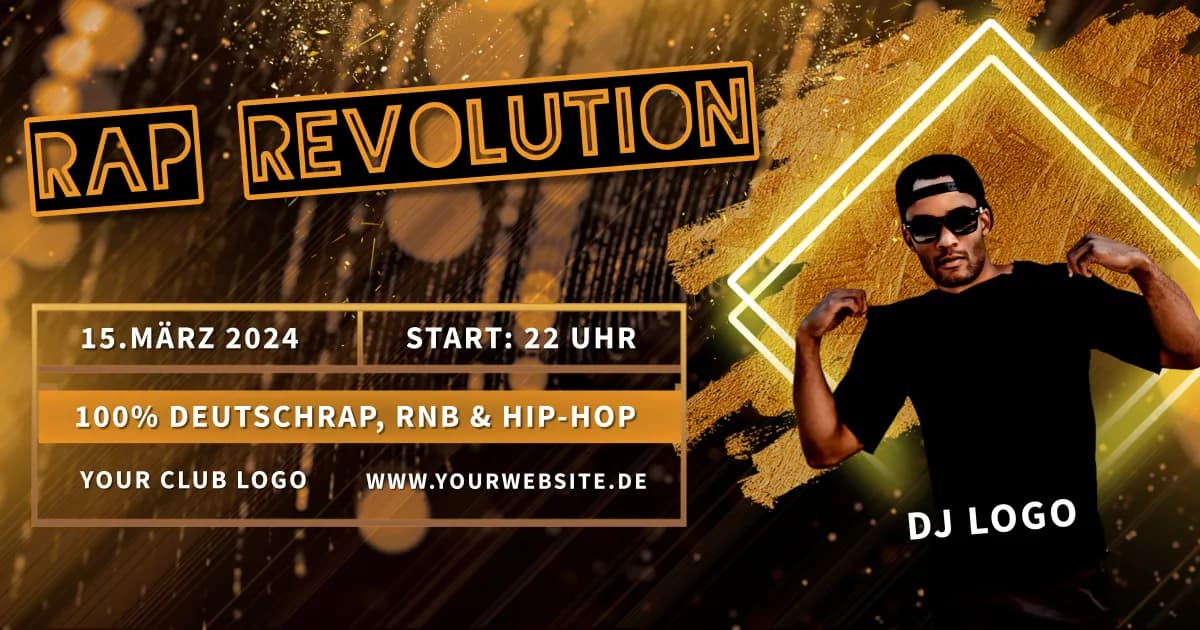 Flyer-Vorlage Rap Revolution in Gold und Schwarz, rechts ein Mann mit Cap und Sonnenbrille.
