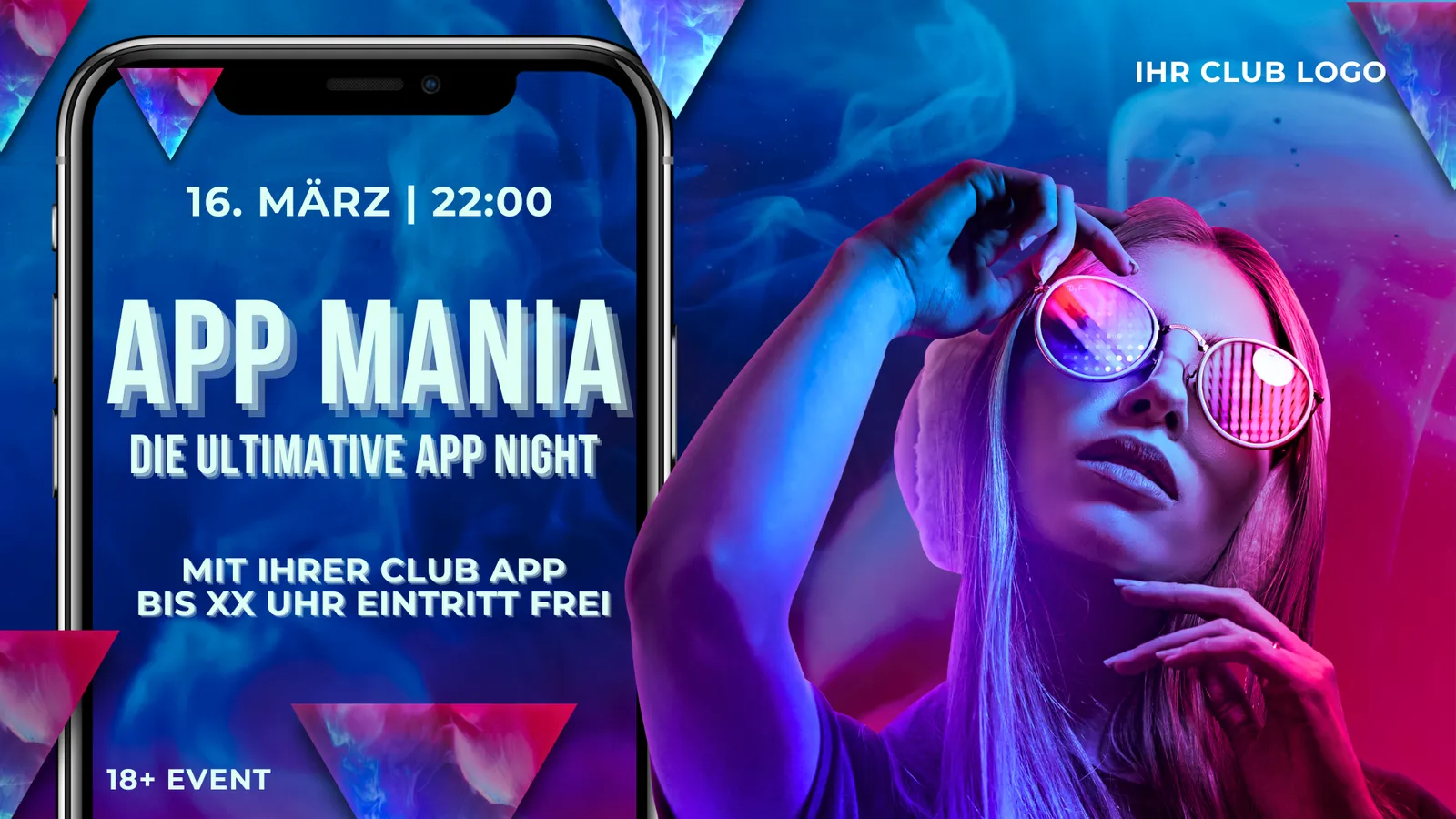 Flyer-Vorlage App Mania, Die ultimative App Night, auf einem Smartphone-Display neben einer Frau mit Neonbrille.