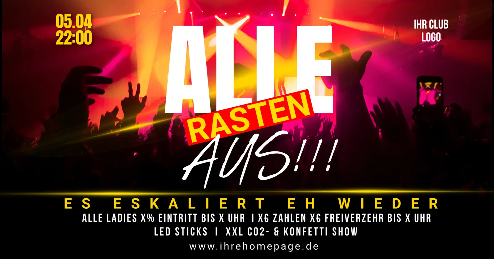 Flyer-Vorlage mit dem Schriftzug Alle rasten aus und Es eskaliert eh wieder über erhobenen Händen.
