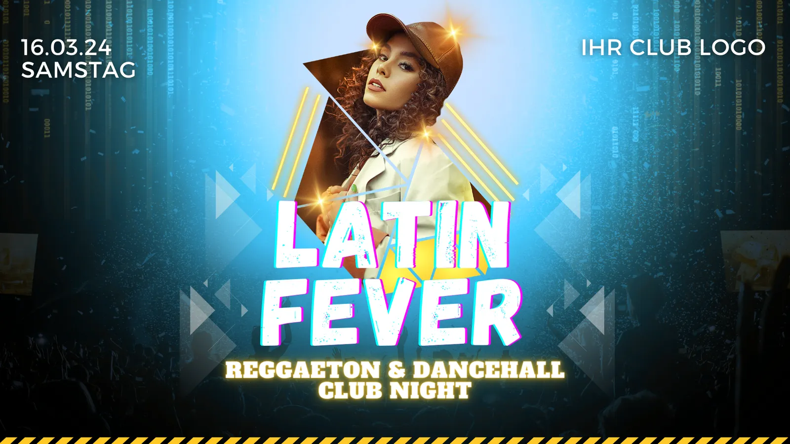 Flyer-Vorlage Latin Fever, Reggaeton und Dancehall Club Night, mit einer Frau in brauner Cap.