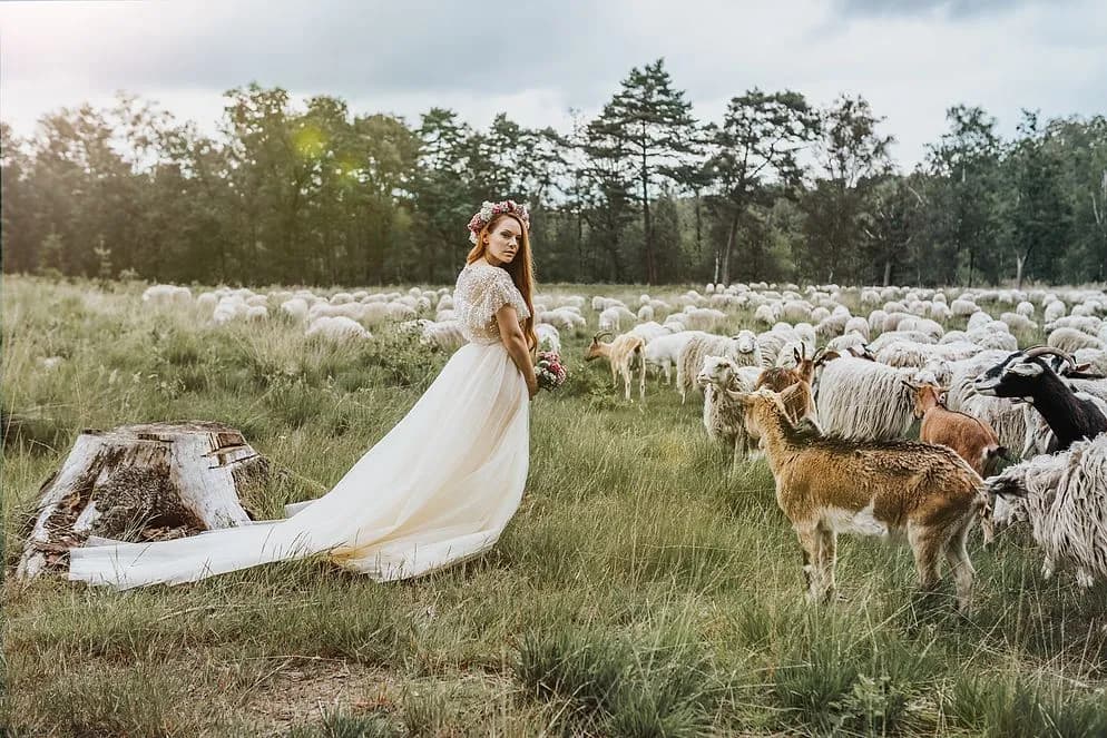 Braut im weißen Tüllkleid mit Blumenkranz auf einer Wiese zwischen Schafen und Ziegen.