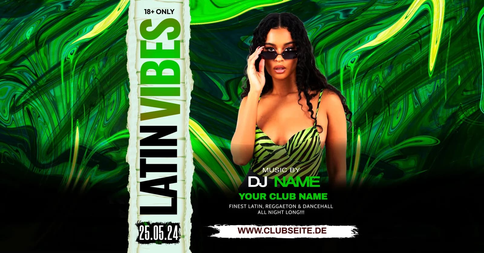 Flyer-Vorlage Latin Vibes in Grün, Frau mit Sonnenbrille, Zeile Finest Latin, Reggaeton & Dancehall.