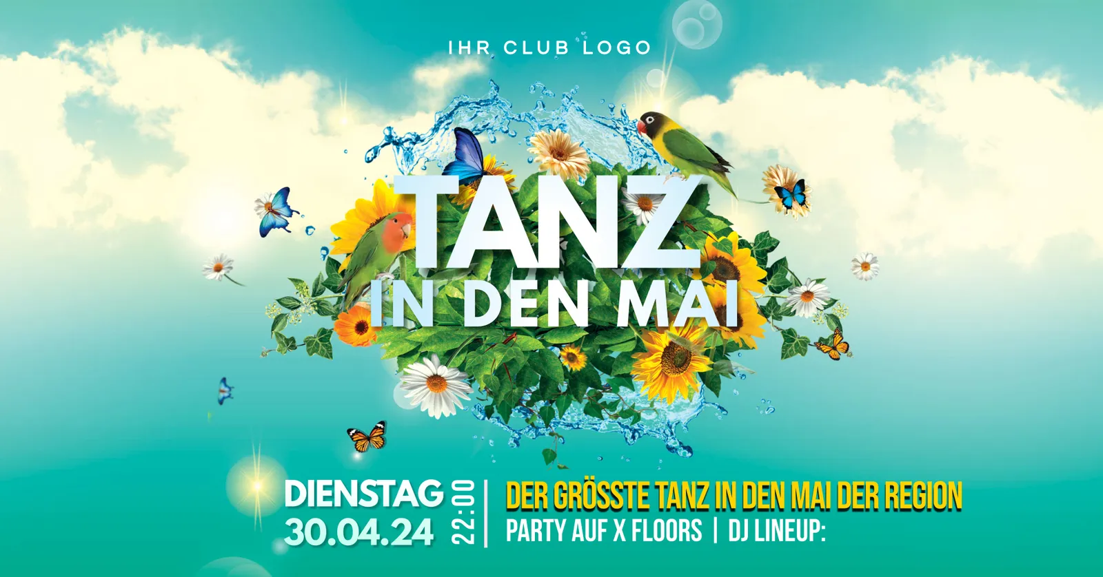 Flyer-Vorlage Tanz in den Mai mit Sonnenblumen, Schmetterlingen und Papageien vor blauem Himmel.