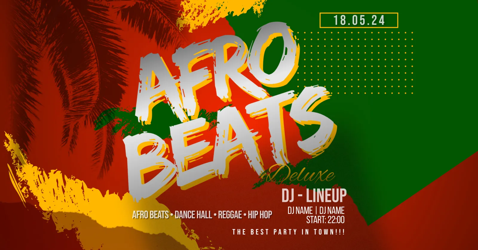 Flyer-Vorlage Afro Beats Deluxe in Rot, Grün und Gelb mit Palmen, dazu Dancehall, Reggae, Hip Hop.