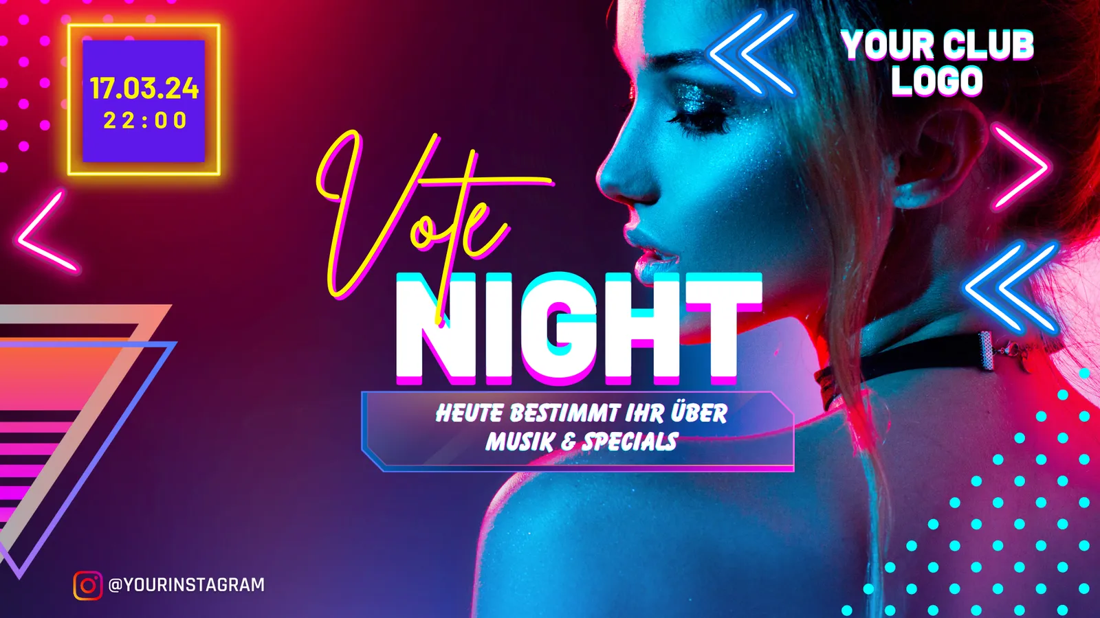 Flyer-Vorlage Vote Night in Neonfarben, Untertitel Heute bestimmt ihr über Musik & Specials.