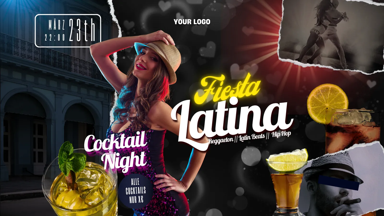 Flyer-Vorlage Fiesta Latina, Cocktail Night, Reggaeton, Latin Beats, Hip Hop, Frau mit Hut.