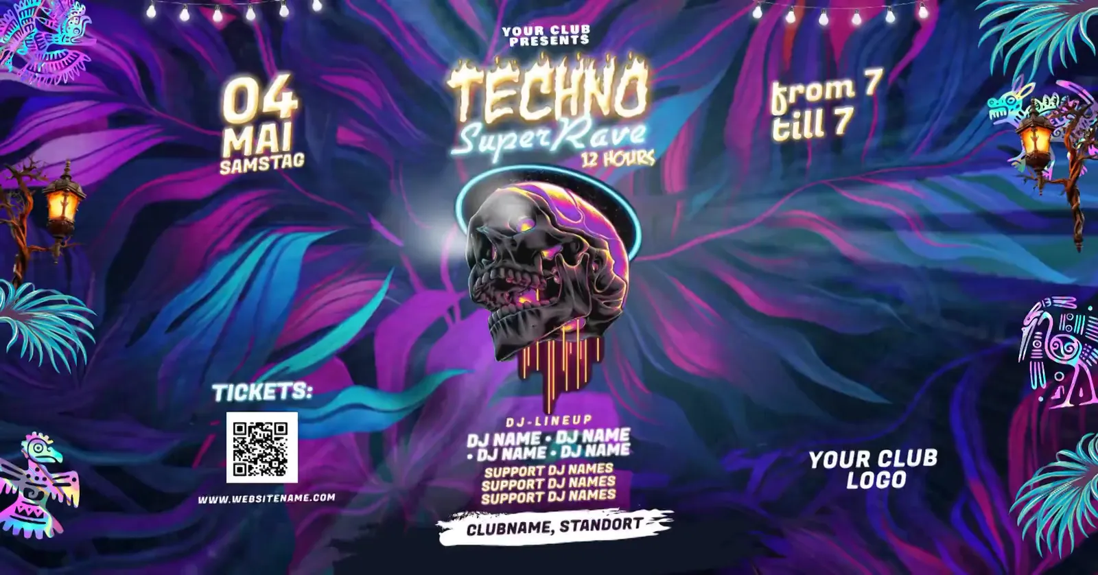 Flyer-Vorlage Techno SuperRave, 12 Hours, mit tropfendem Neon-Totenkopf, Samstag 04. Mai.