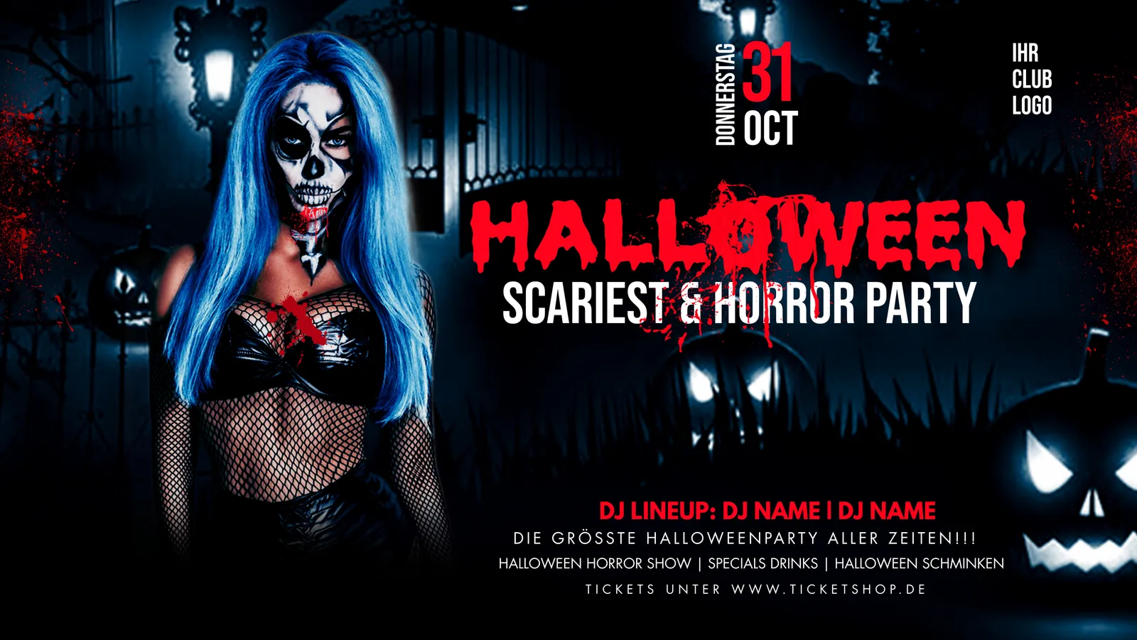 Halloween-Flyer mit Schriftzug Scariest & Horror Party, Frau mit Totenkopf-Schminke, Kürbisse im Dunkeln.