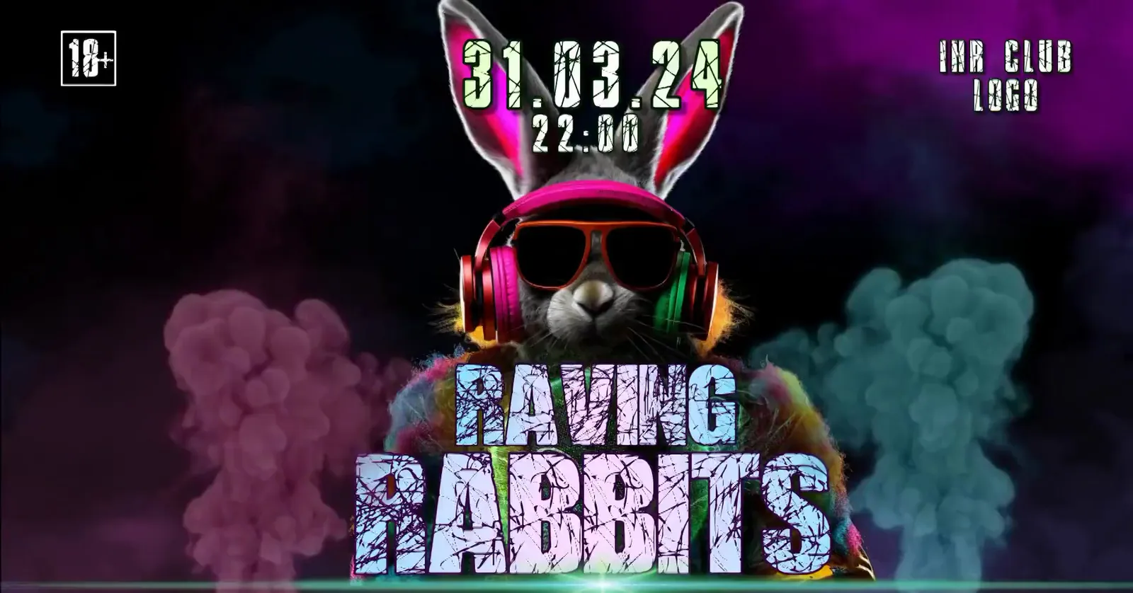 Flyer-Vorlage Raving Rabbits, 31.03.24: Hase mit Kopfhörern und Sonnenbrille in Neonrauch.
