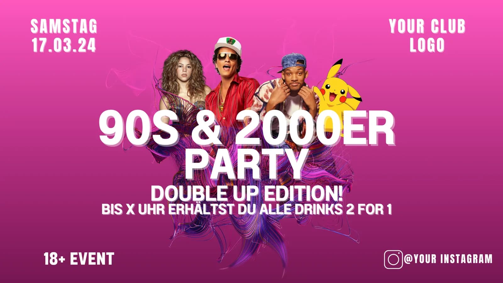 Pinker Flyer 90s & 2000er Party, Double Up Edition, mit freigestellten Popstars und Pikachu.