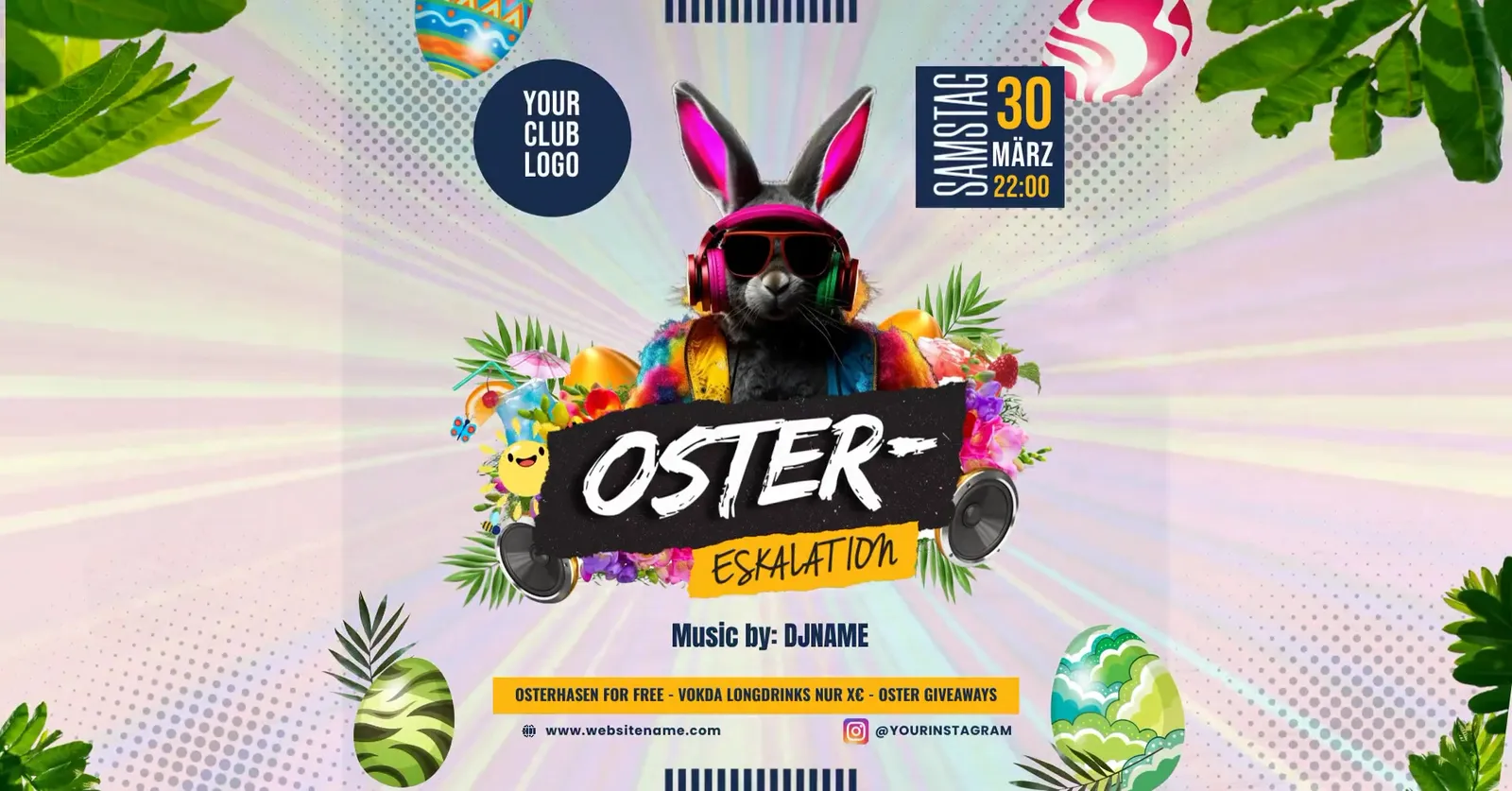 Flyer Oster-Eskalation mit DJ-Hase in Kopfhörern, Ostereiern und Palmblättern.
