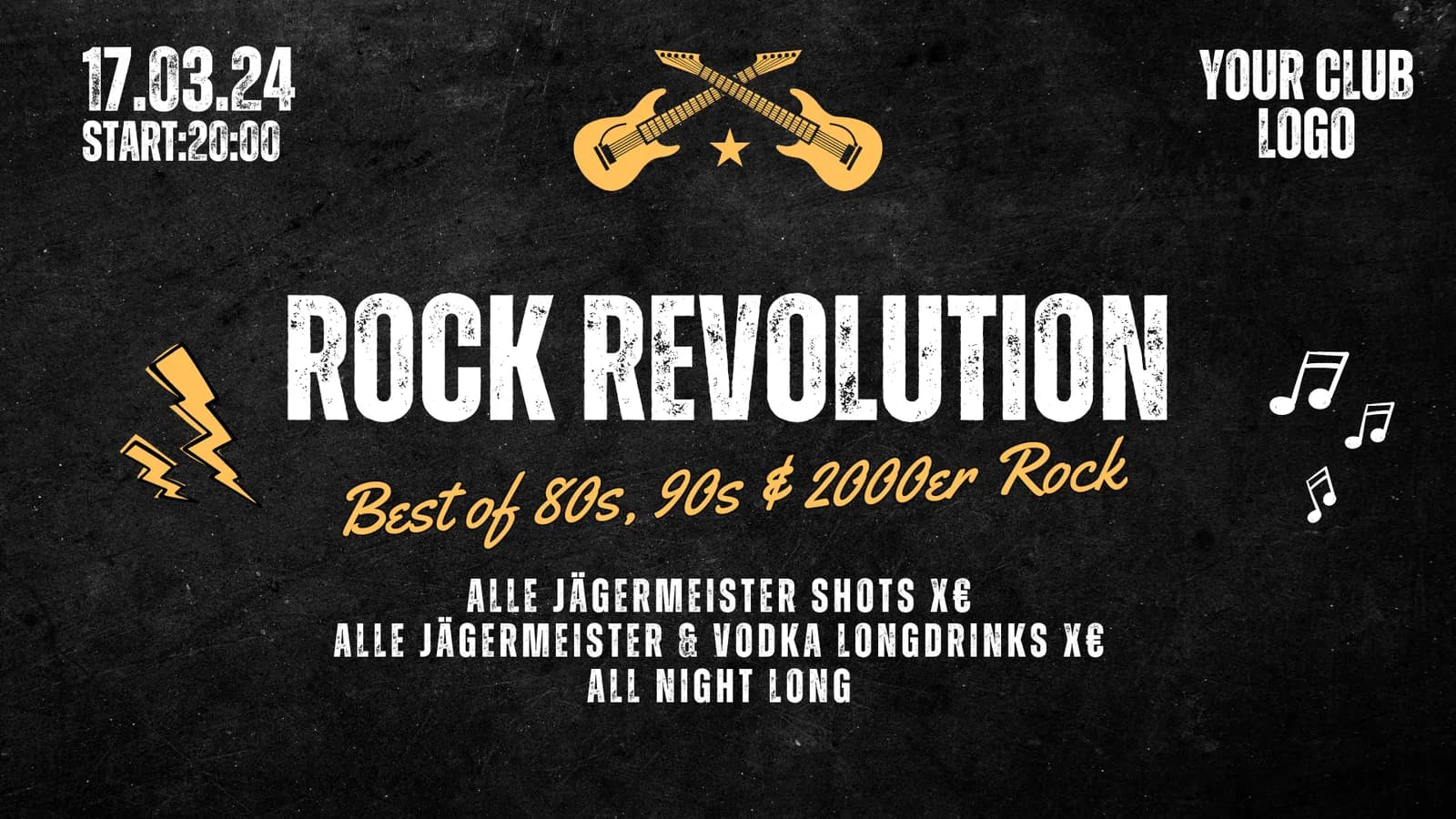 Flyer-Vorlage Rock Revolution mit gekreuzten Gitarren und der Zeile Best of 80s, 90s und 2000er Rock.