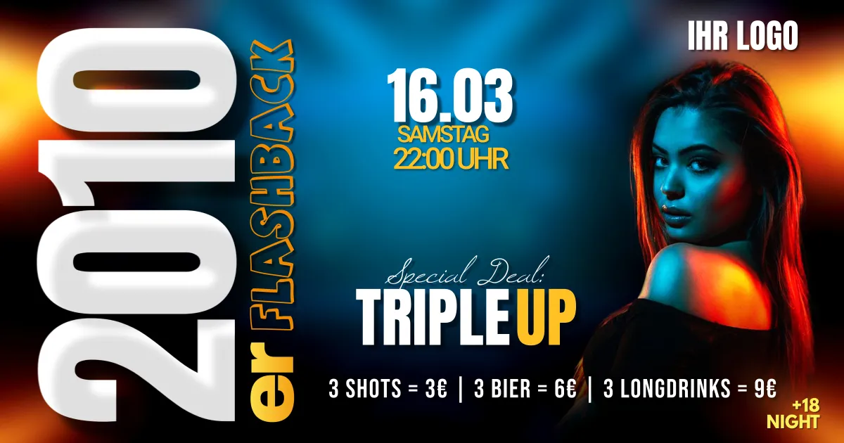 Flyer-Vorlage 2010er Flashback mit Frauenfoto, Special Deal Triple Up und Platzhalter Ihr Logo.