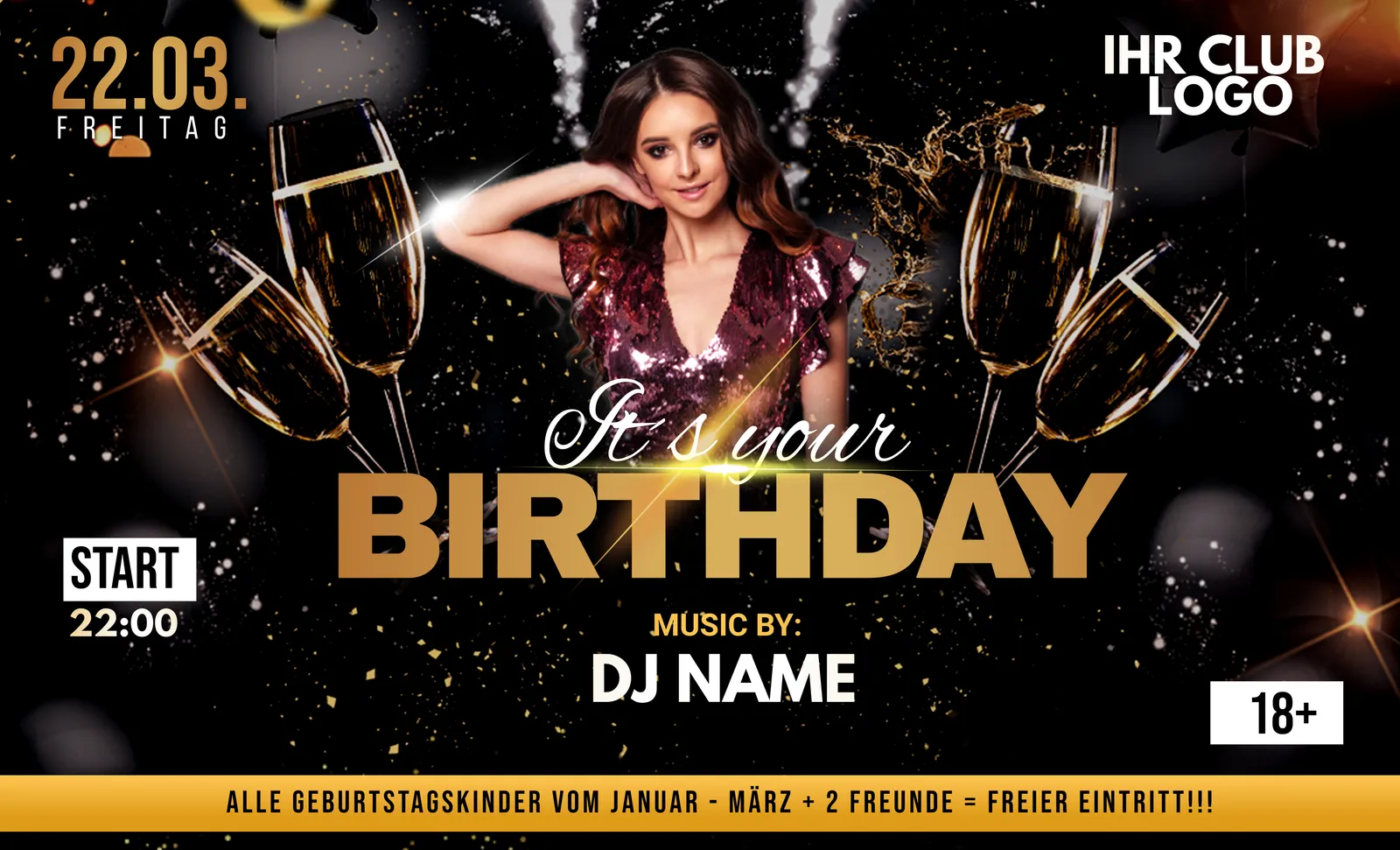 Flyer-Vorlage It’s Your Birthday in Gold mit Sektgläsern und Frau im Paillettenkleid.