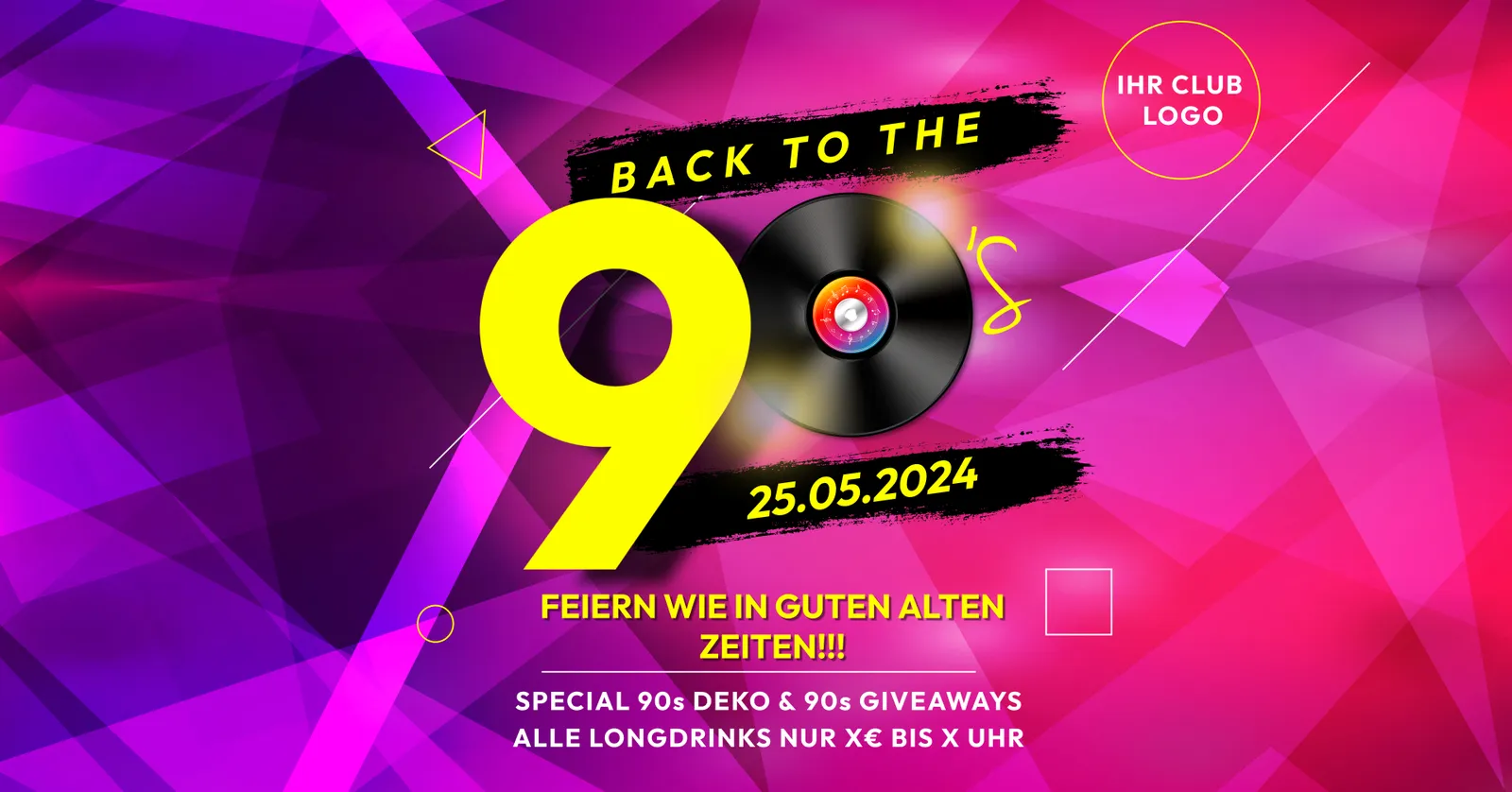 Flyer-Vorlage Back to the 90’s mit gelber Neun, Schallplatte und Zusatz Feiern wie in guten alten Zeiten.