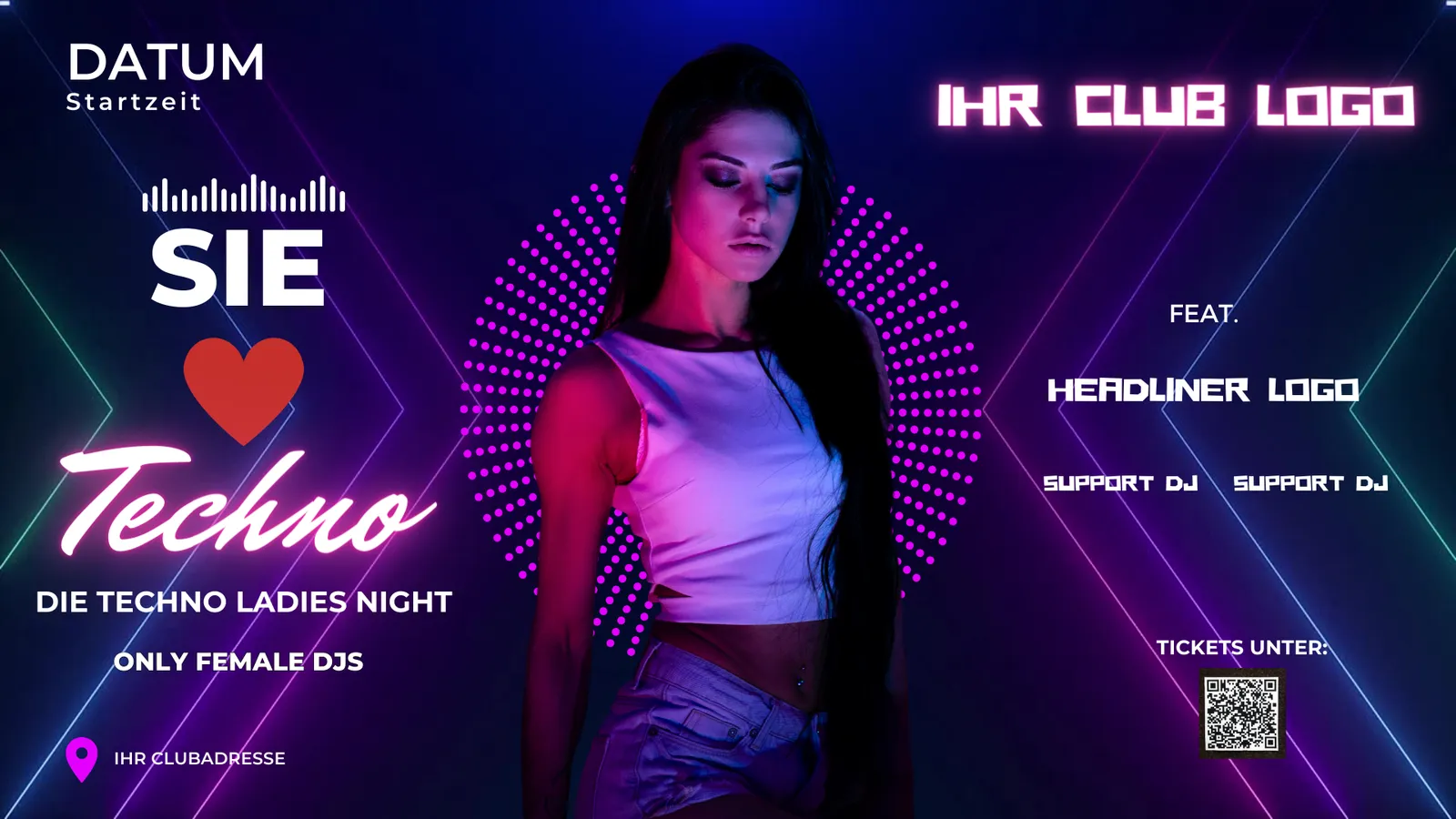 Flyer-Vorlage Sie liebt Techno mit Frau in Neonlicht und Zusatz Die Techno Ladies Night.