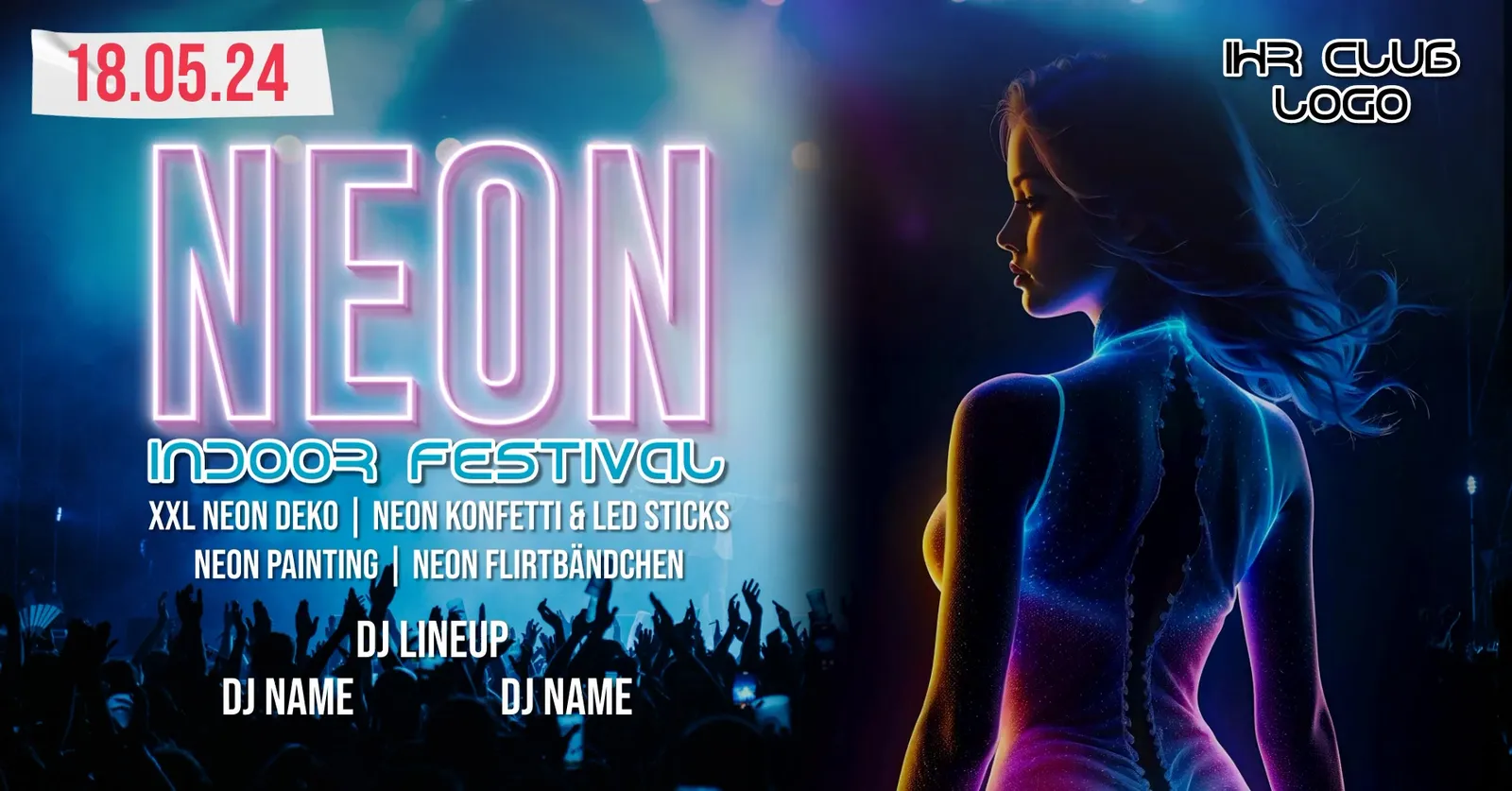 Flyer-Vorlage Neon Indoor Festival mit neonblau leuchtender Frau vor jubelnder Menge.
