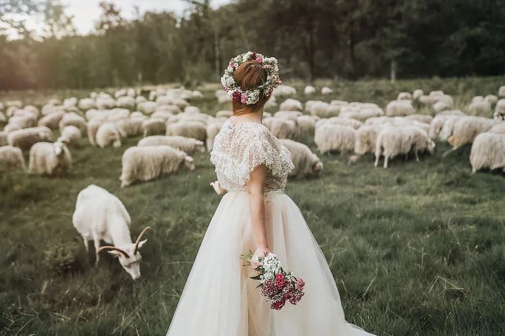Braut von hinten mit Blumenkranz und Strauß auf einer Wiese mit Schafherde und weißer Ziege.