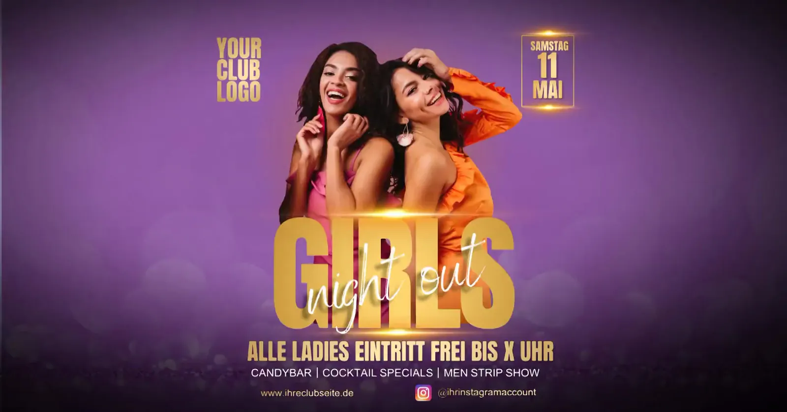 Flyer-Vorlage Girls Night Out in Gold auf Violett, zwei lachende Frauen, Alle Ladies Eintritt frei.