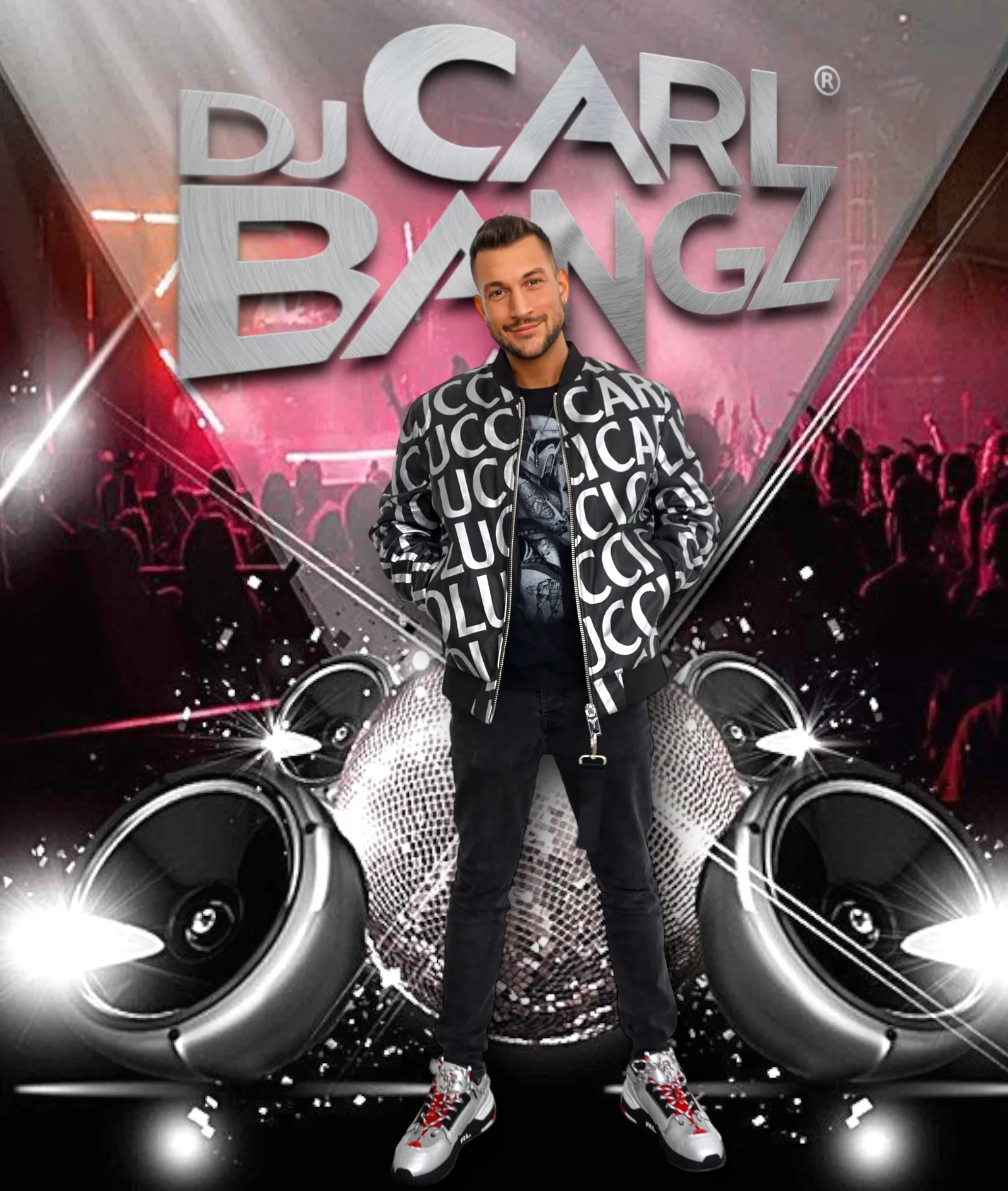 Promo-Artwork mit dem Schriftzug DJ Carl Bangz, darunter der DJ vor Discokugel und zwei Lautsprechern.